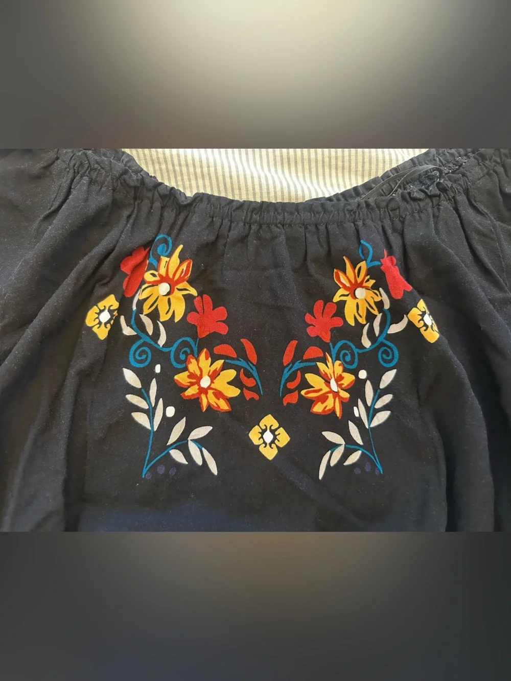 H&M Black Off-Shoulder Crop Top with Colorful Floral Detail